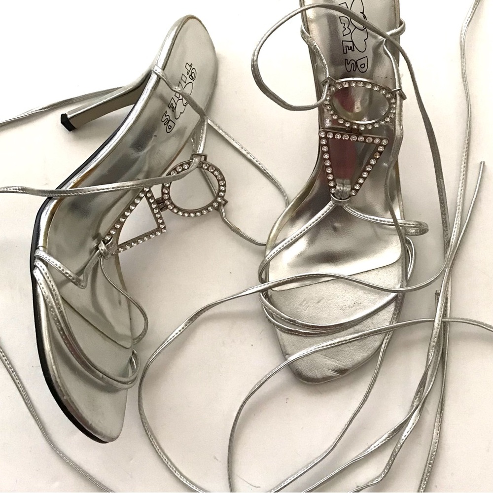Silver Rhinestone Lace-Up Heeled Sandals